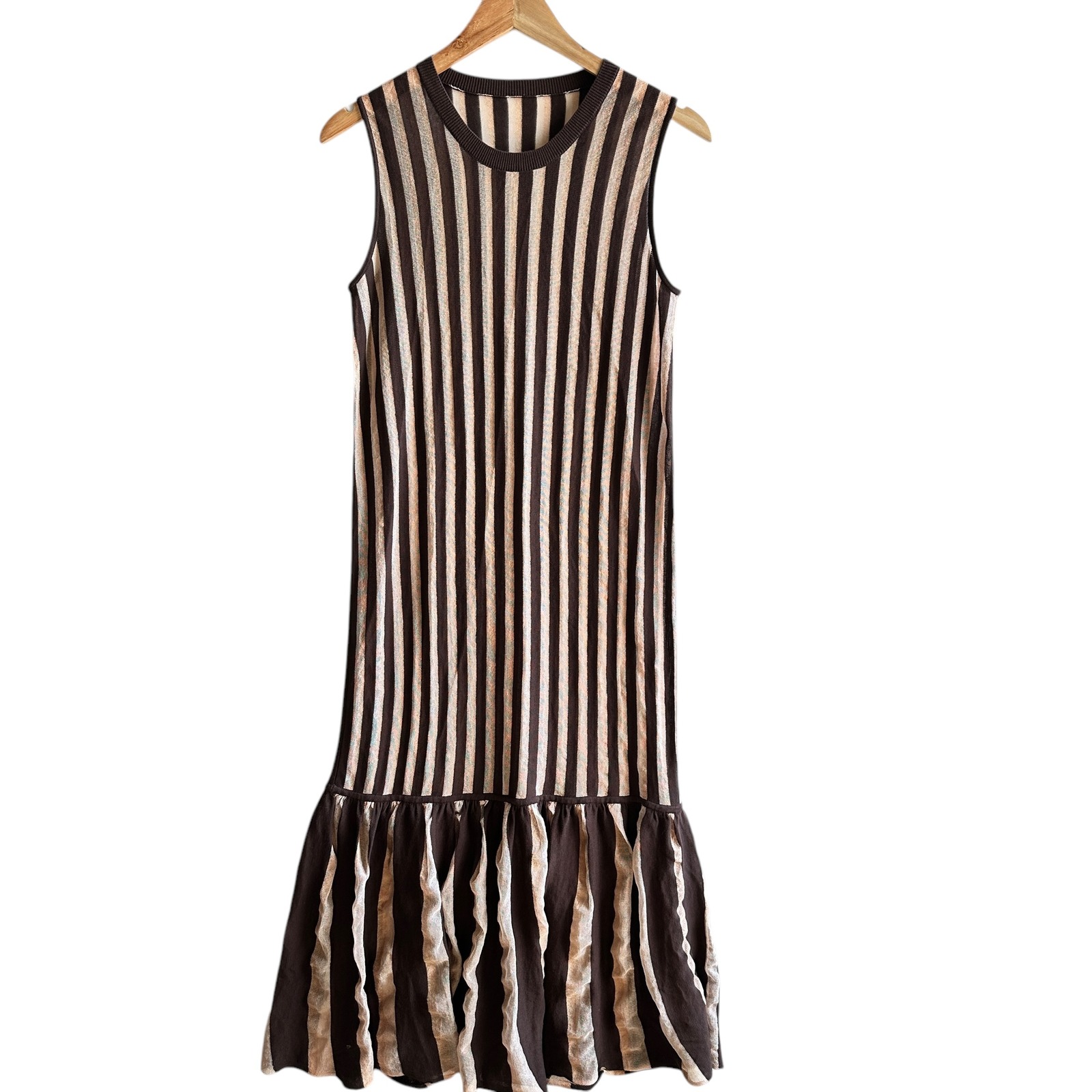 Unbranded Maxi Dress Sheer Mesh Striped Brown Beige Beach Coverup Vacation